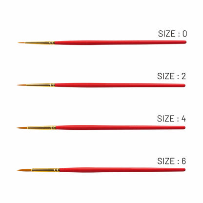 Set of red paint brushes with gold ferrules and handles, labeled with sizes 0, 2, 4, and 6 on a white background.