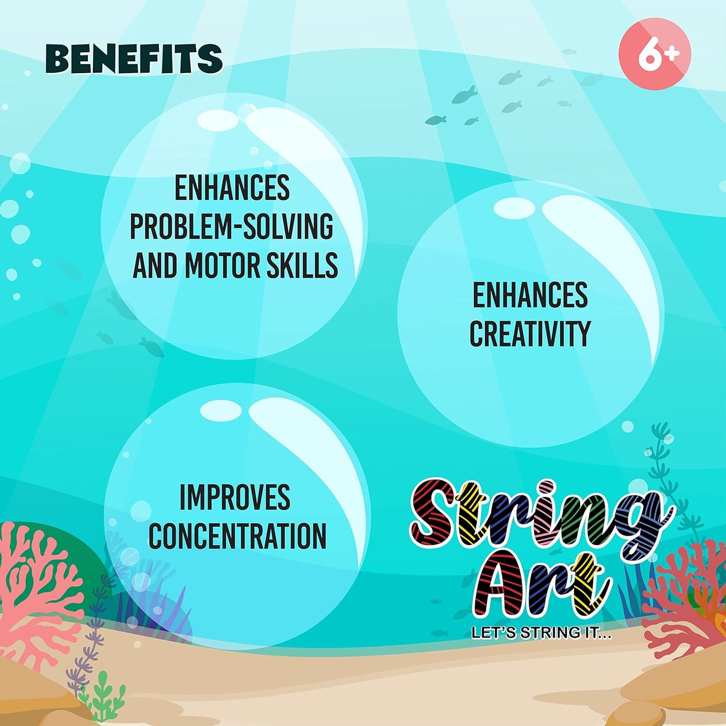 Underwater scene with text about string art benefits on a blue background