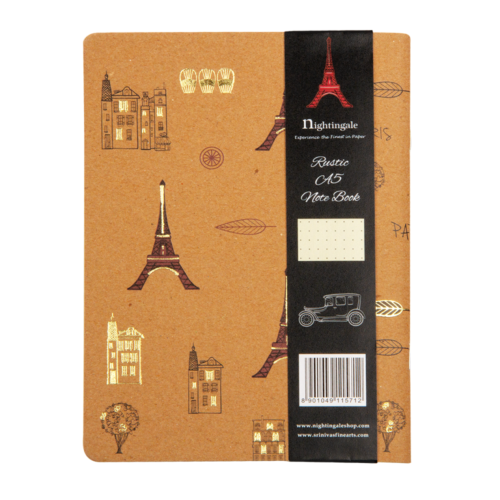 Notebook with Eiffel Tower design and Nightingale branding on a white background