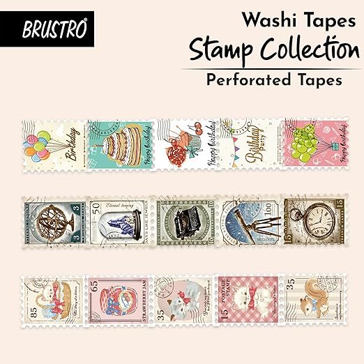 Brustro washi tapes stamp collection with various designs on a beige background