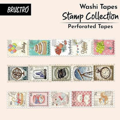 Brustro washi tapes stamp collection with various designs on a beige background