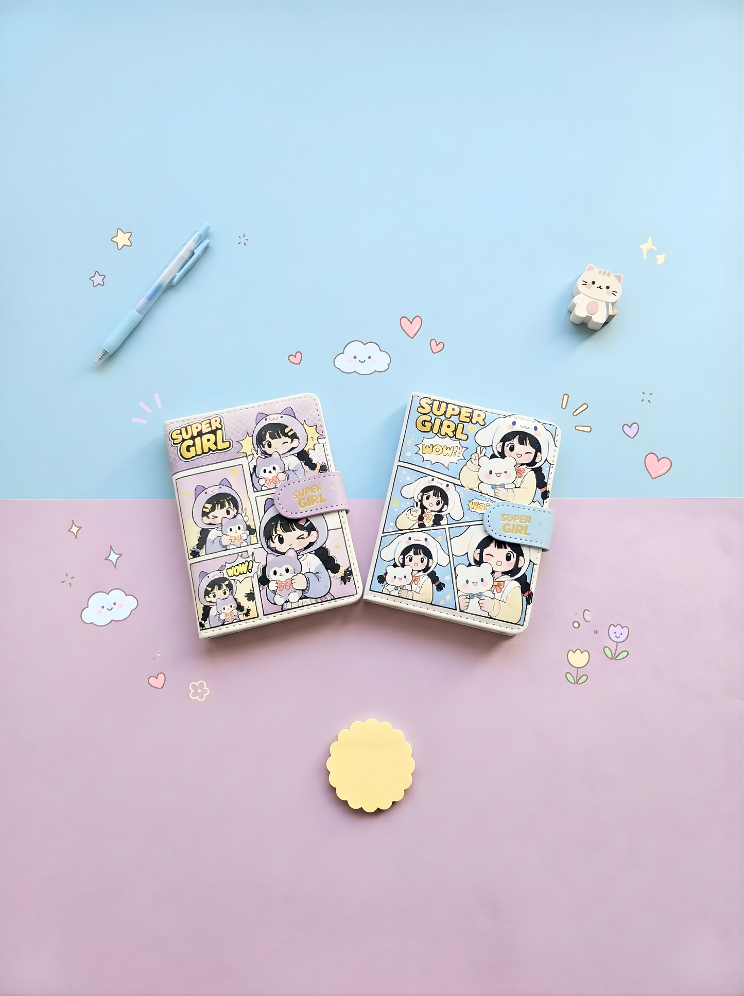 Two cartoon-themed notebooks on a pink and blue gradient background with decorative elements.