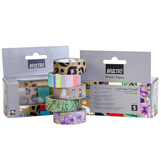 Brustro washi tapes with colorful designs in packaging on a white background