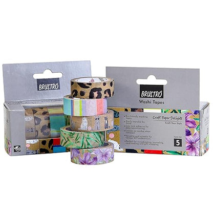 Brustro washi tapes with colorful designs in packaging on a white background