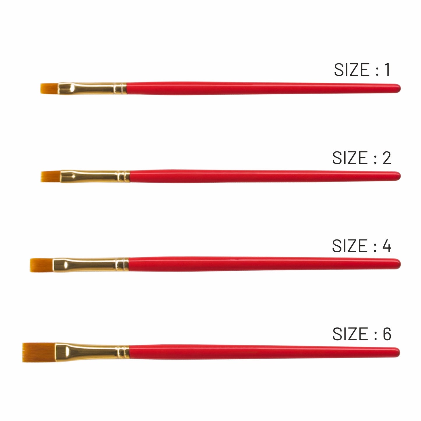 Set of red paintbrushes with gold ferrules and varying sizes on a white background