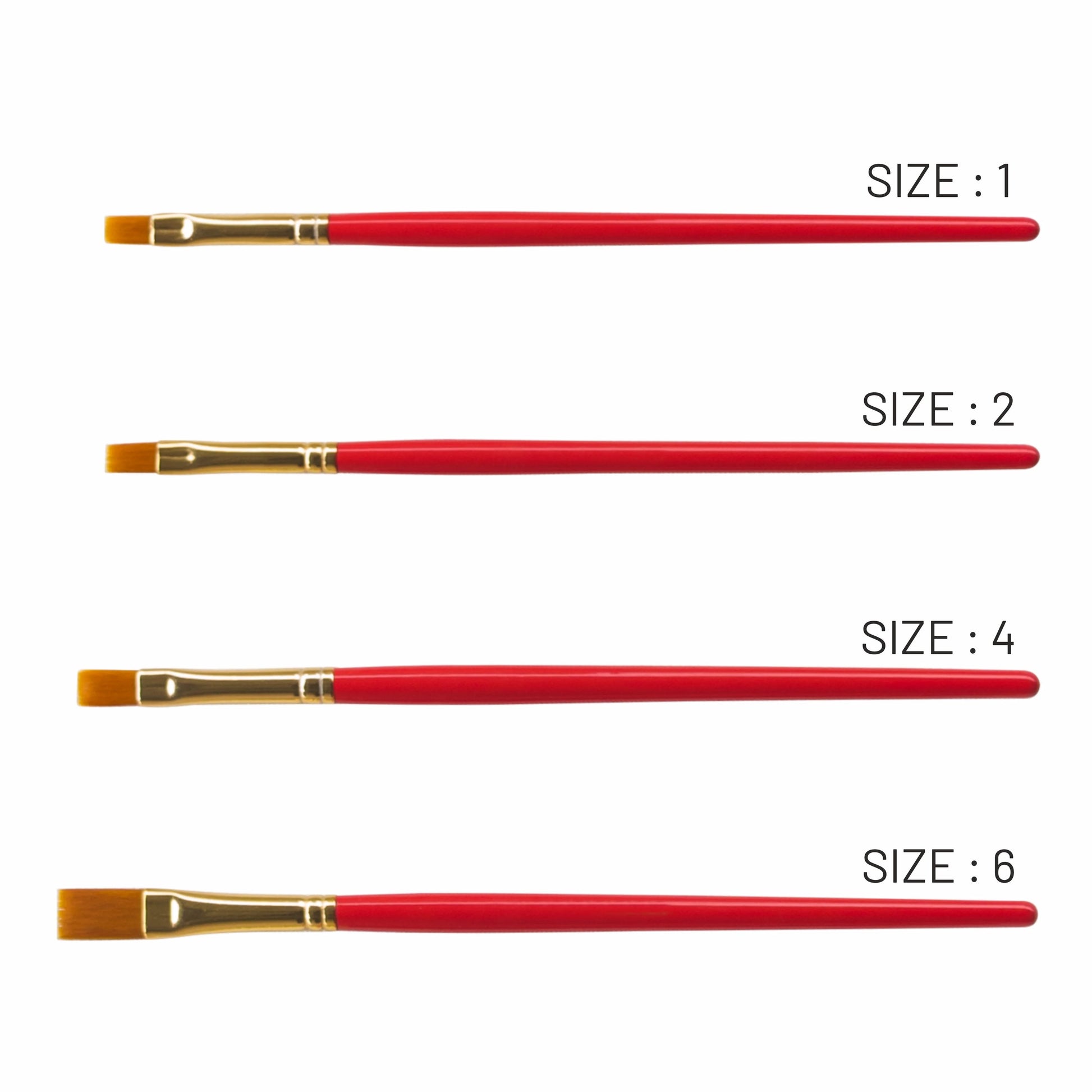 Set of red paintbrushes with gold ferrules and varying sizes on a white background