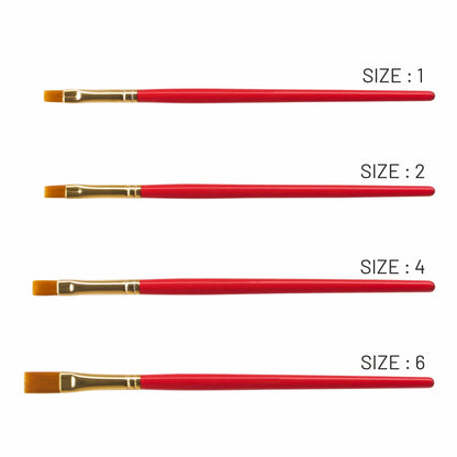 Set of red paintbrushes with gold ferrules and varying sizes on a white background