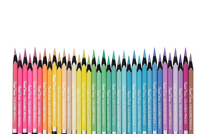 Set of colorful colored pencils arranged in a row on a white background
