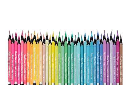 Set of colorful colored pencils arranged in a row on a white background