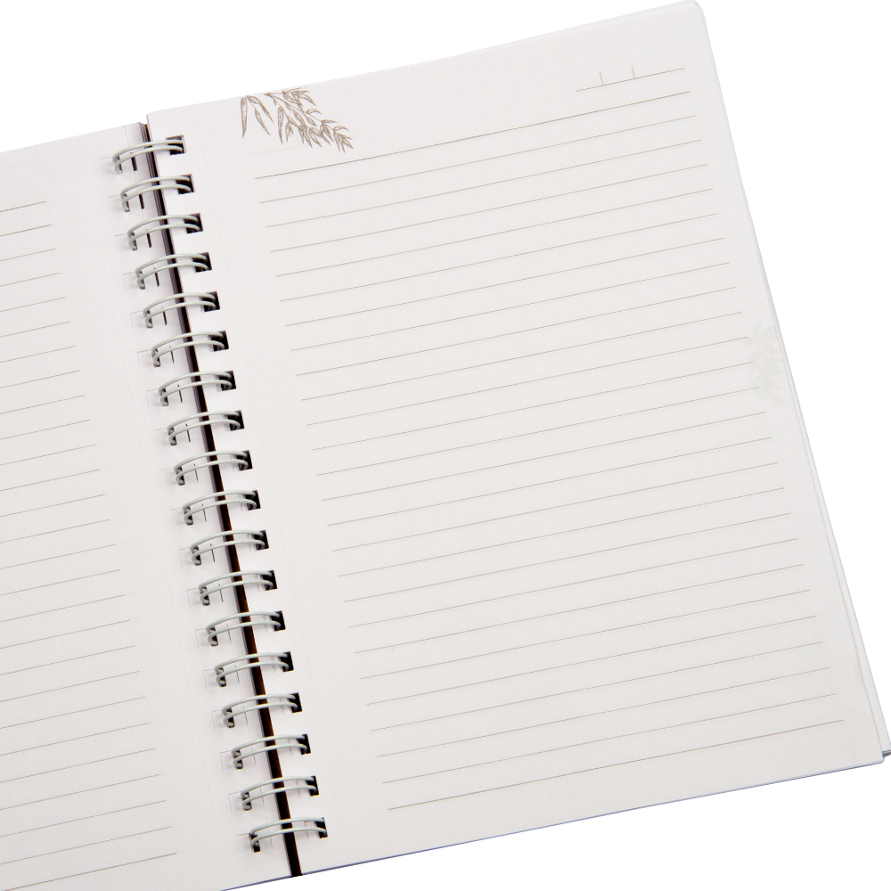 Open notebook with lined pages on a white background
