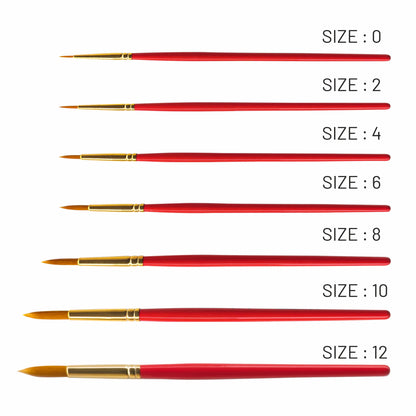 Set of red paint brushes with gold ferrules and handles, labeled with sizes 0 to 12 on a white background.