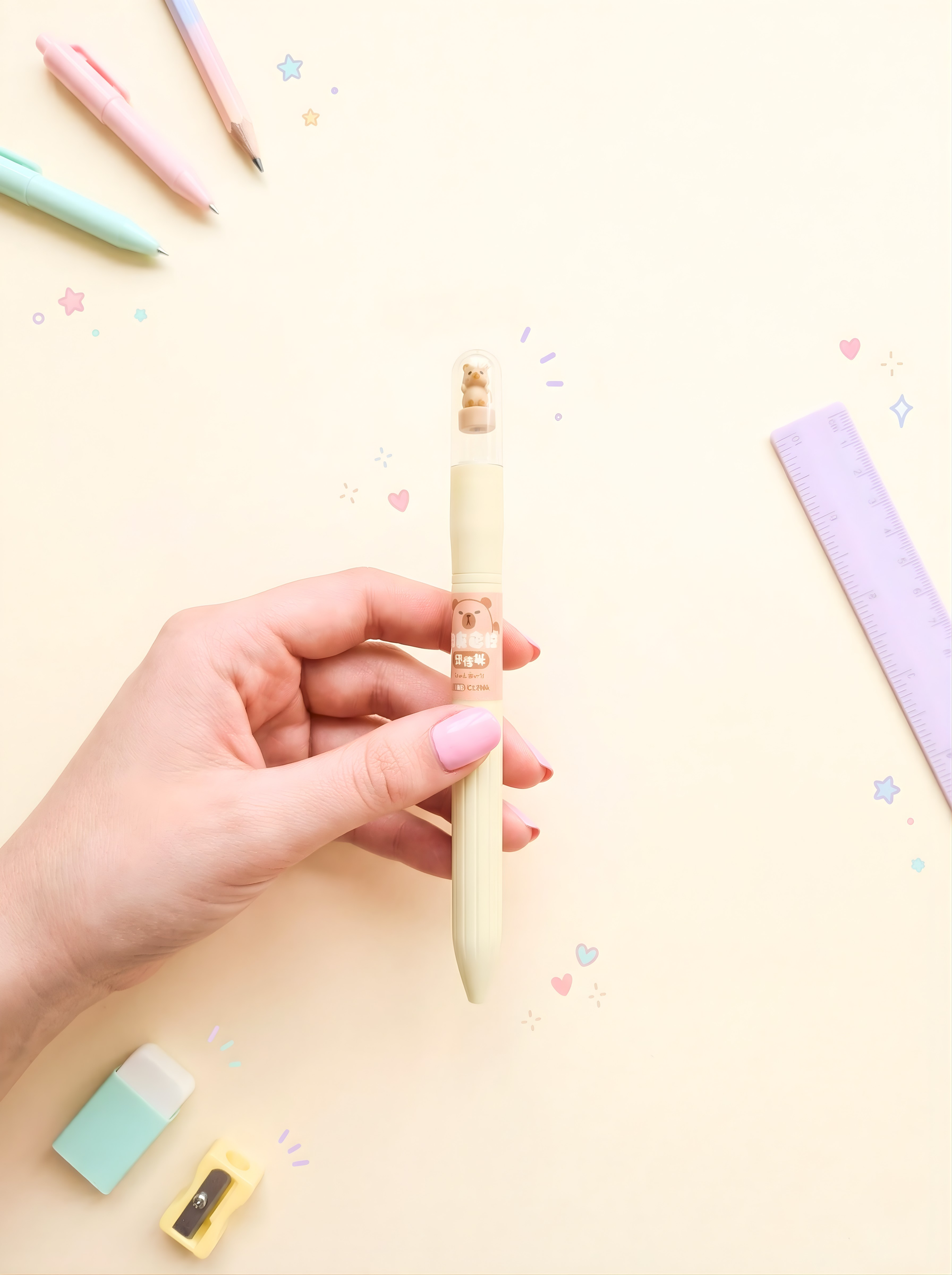 Hand holding a light-colored pen with decorative elements on a pastel background