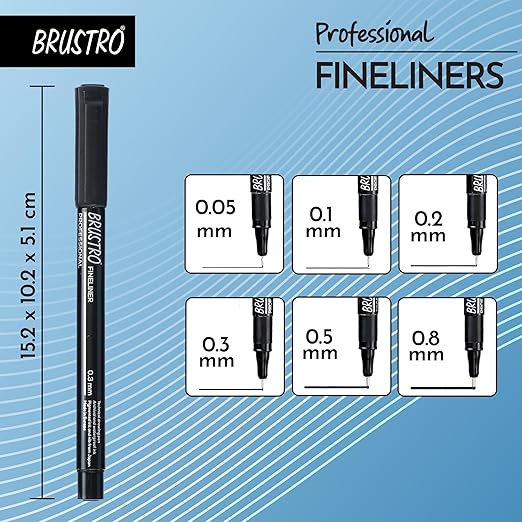 BRUSTRO professional fineliners with different line widths on a blue background