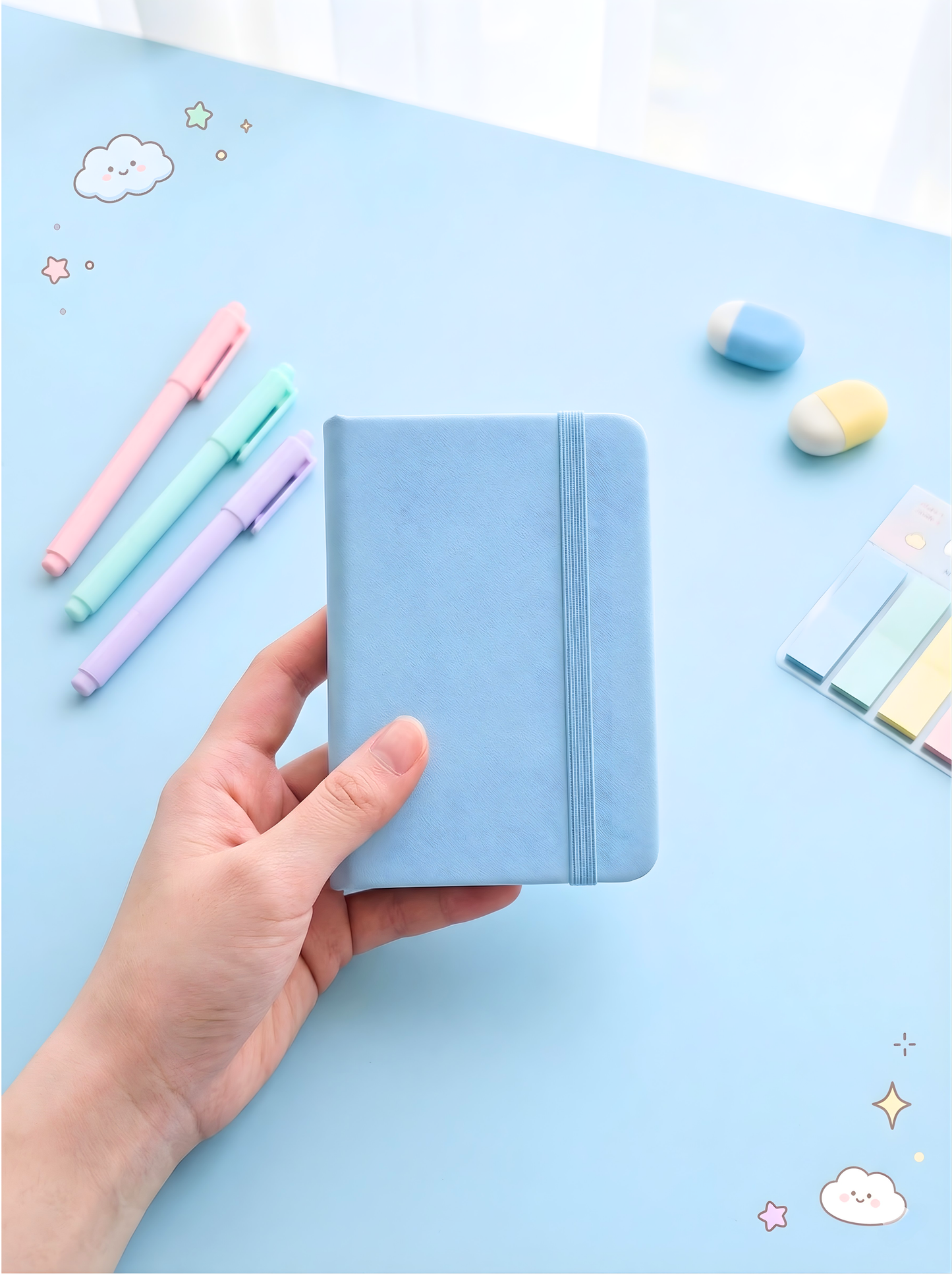 Hand holding a light blue notebook with colorful pens and markers on a blue background