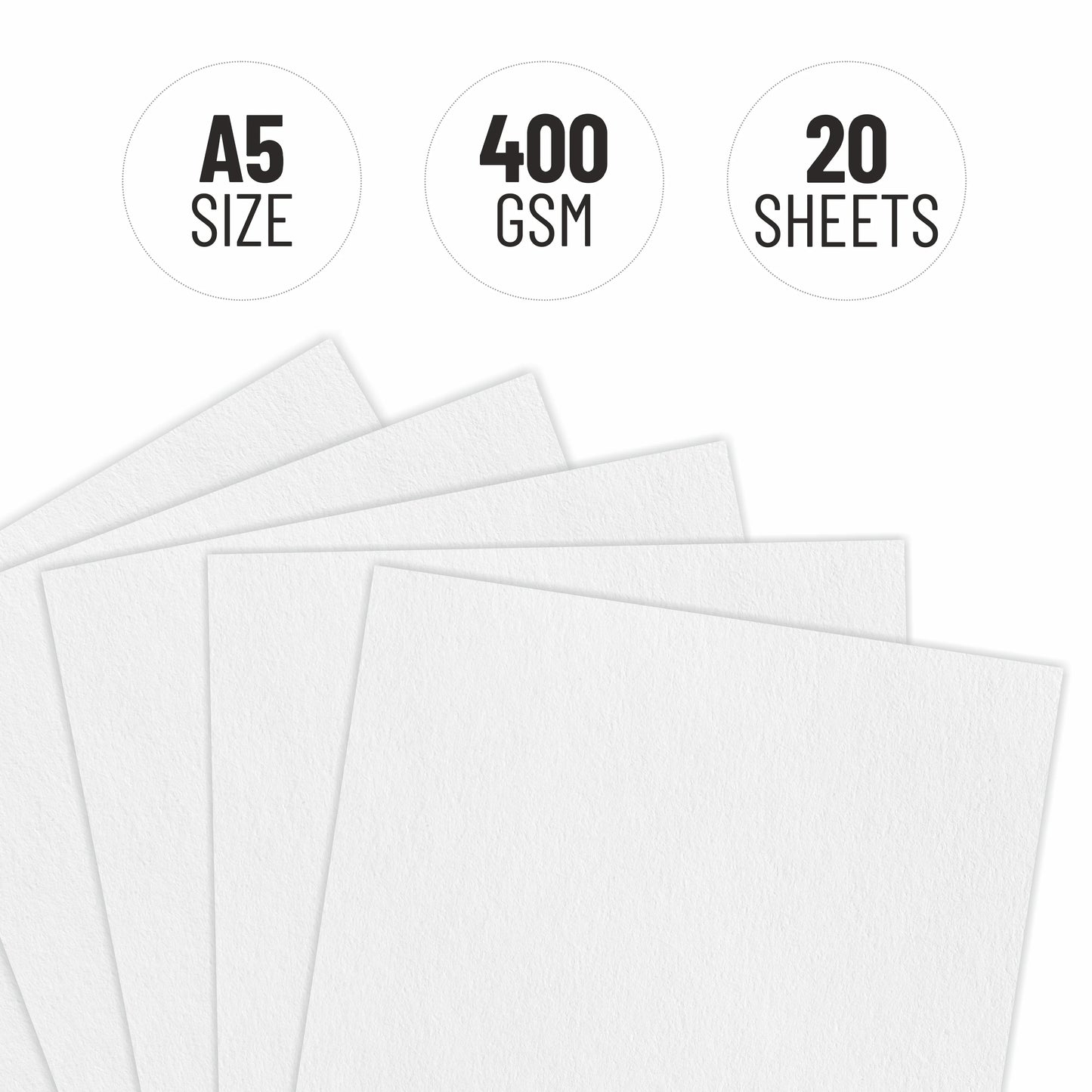 White A5 size paper sheets with text indicating 400 GSM and 20 sheets on a white background.