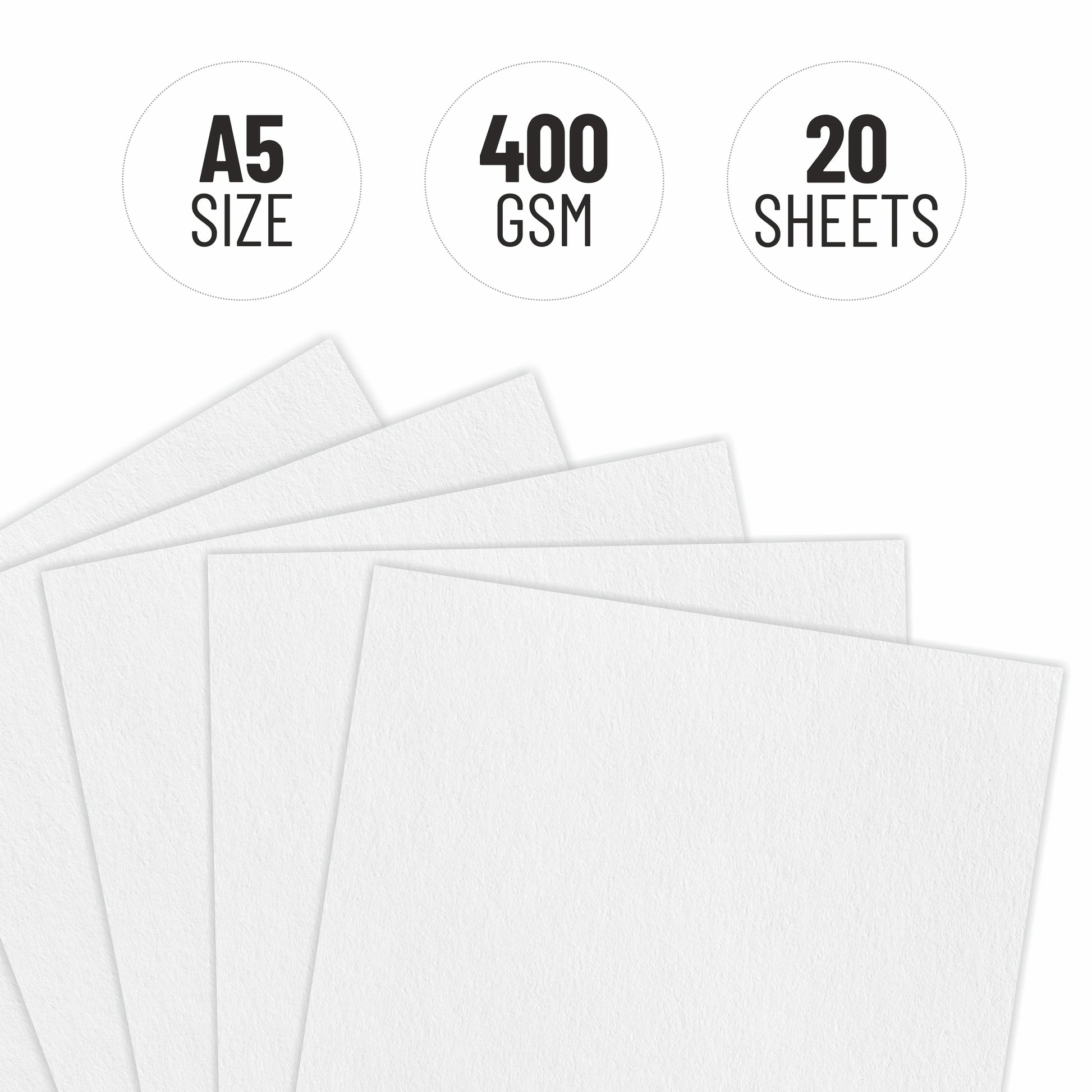 White A5 size paper sheets with text indicating 400 GSM and 20 sheets on a white background.