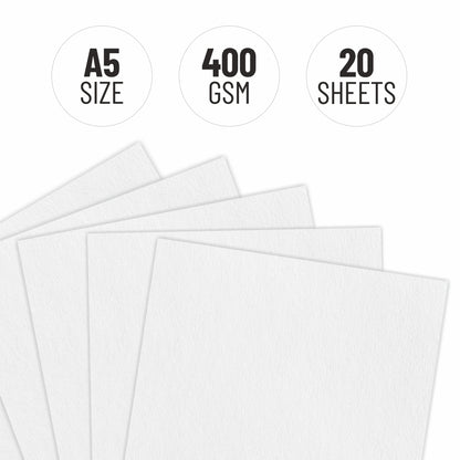 White A5 size paper sheets with text indicating 400 GSM and 20 sheets on a white background.