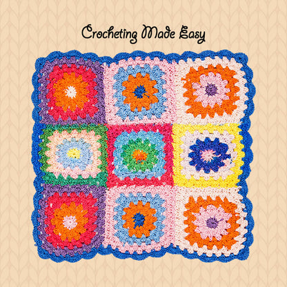Colorful crocheted blanket with a grid pattern on a beige background, featuring the text 'Crocheting Made Easy'.
