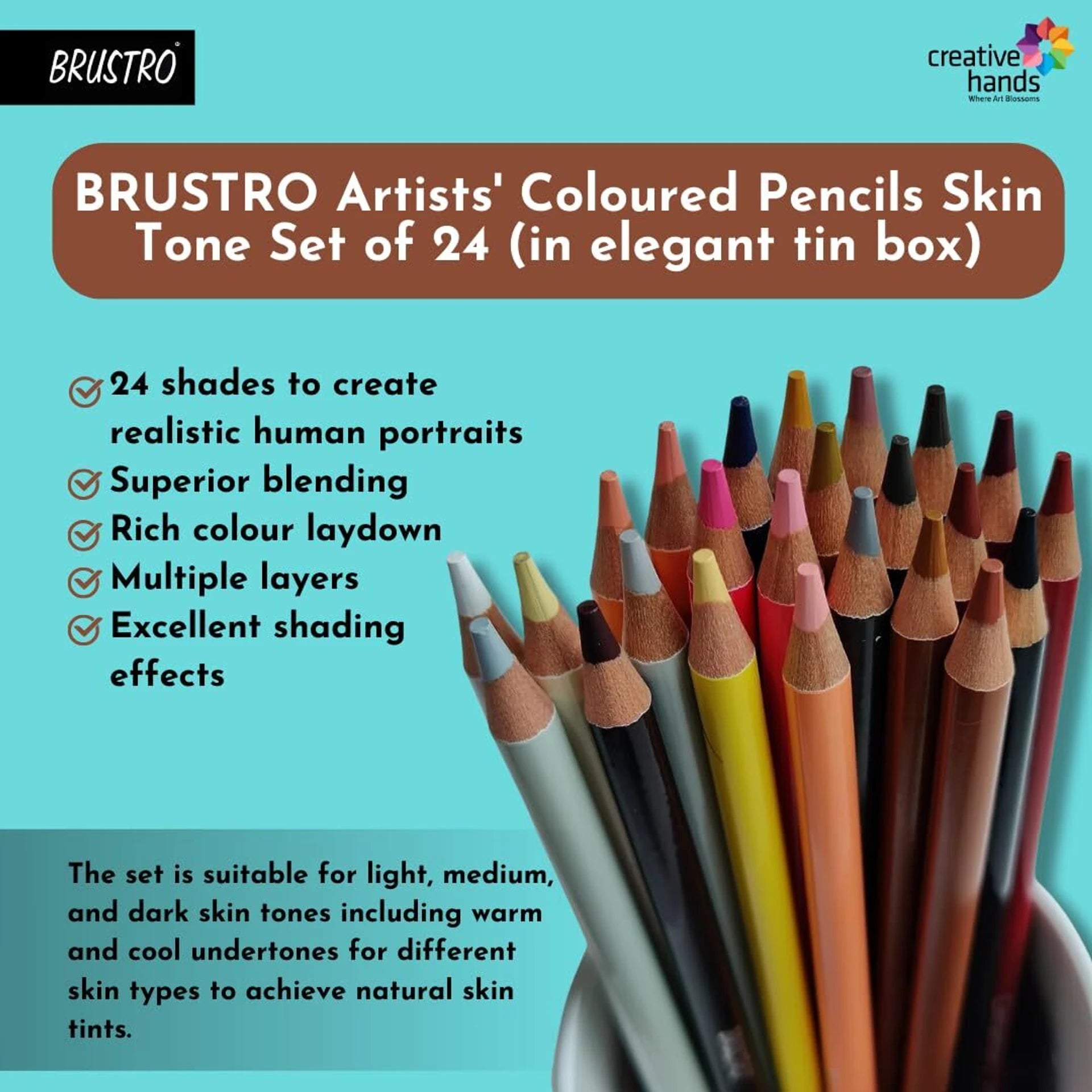 BRUSTRO Artists' Coloured Pencils Skin Tone Set with product details on a blue background