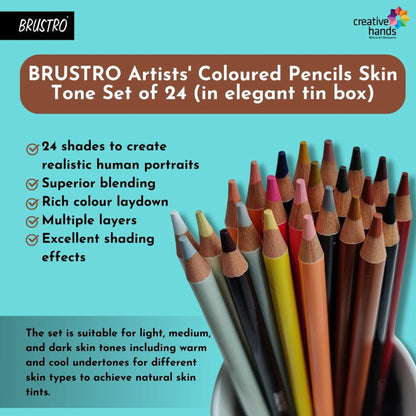 BRUSTRO Artists' Coloured Pencils Skin Tone Set with product details on a blue background