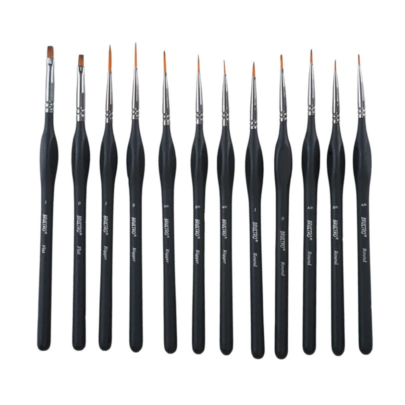 Set of 15 paint brushes with black handles and silver ferrules on a white background