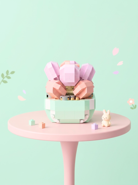 Decorative pink elephant figurine on a small round table with a light green background