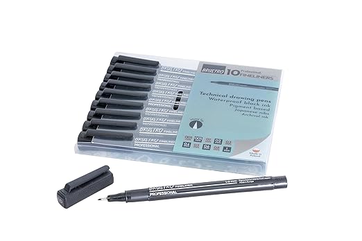Set of technical drawing pens with packaging on a white background