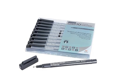 Set of technical drawing pens with packaging on a white background