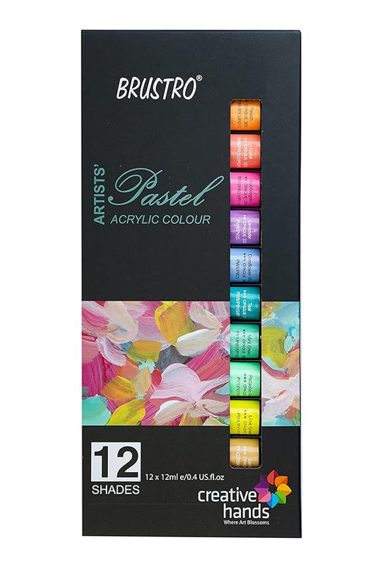 Brustro Artists Pastel Acrylic Colour set packaging with colorful pastels on a black background