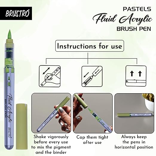 BRUSTRO pastels fluid acrylic brush pen with usage instructions on a light green background