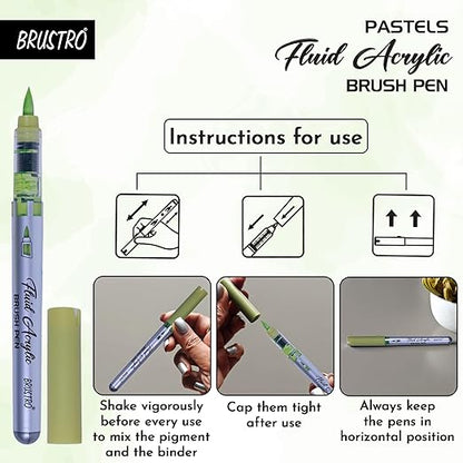 BRUSTRO pastels fluid acrylic brush pen with usage instructions on a light green background