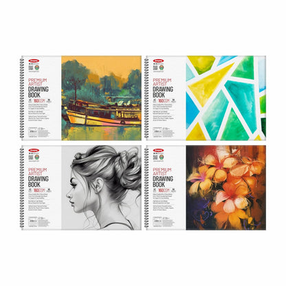 Four different art books with colorful covers on a white background