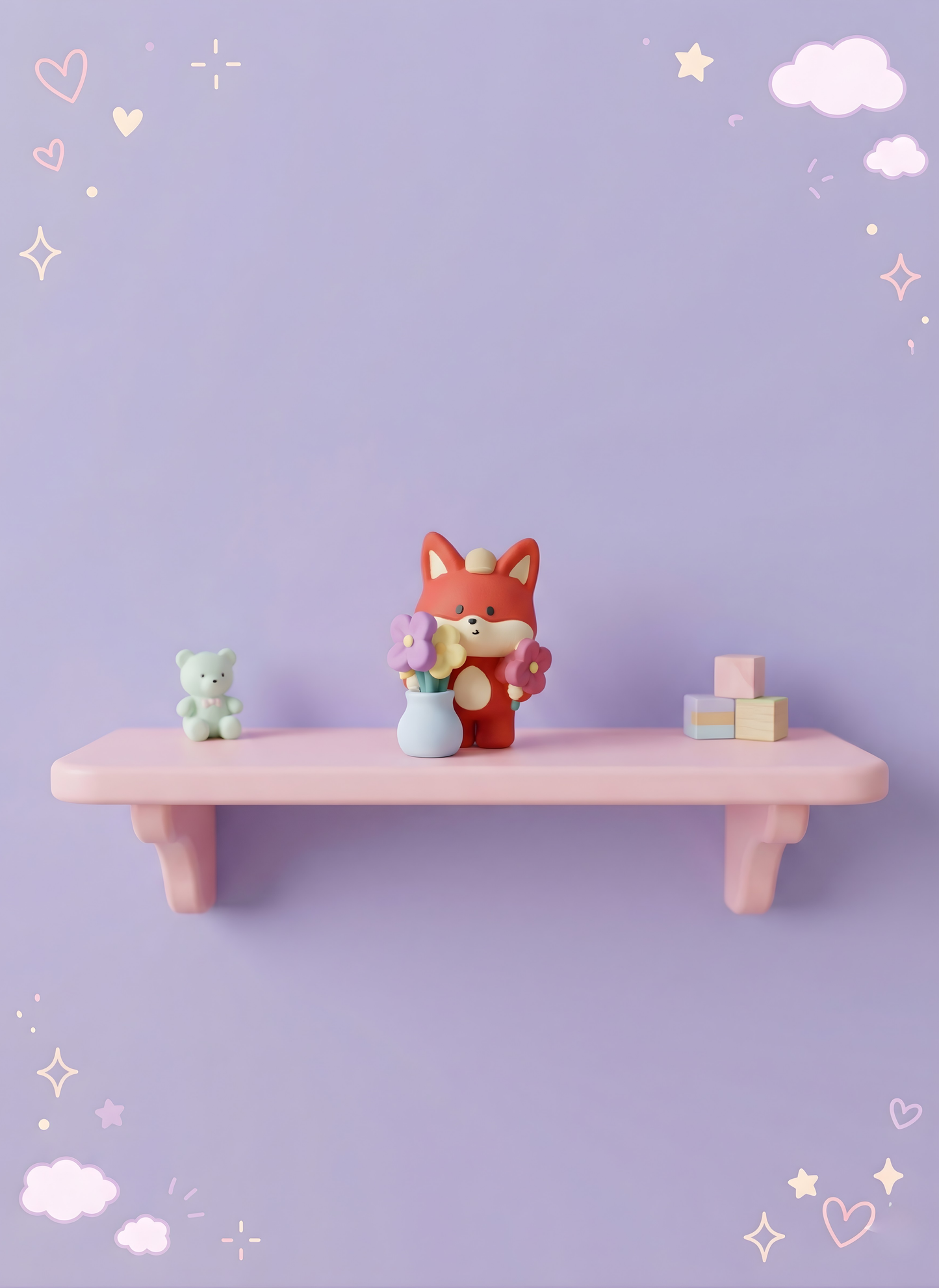 Small pink shelf with a fox figurine, teddy bear, and flowers against a purple background with decorative elements.