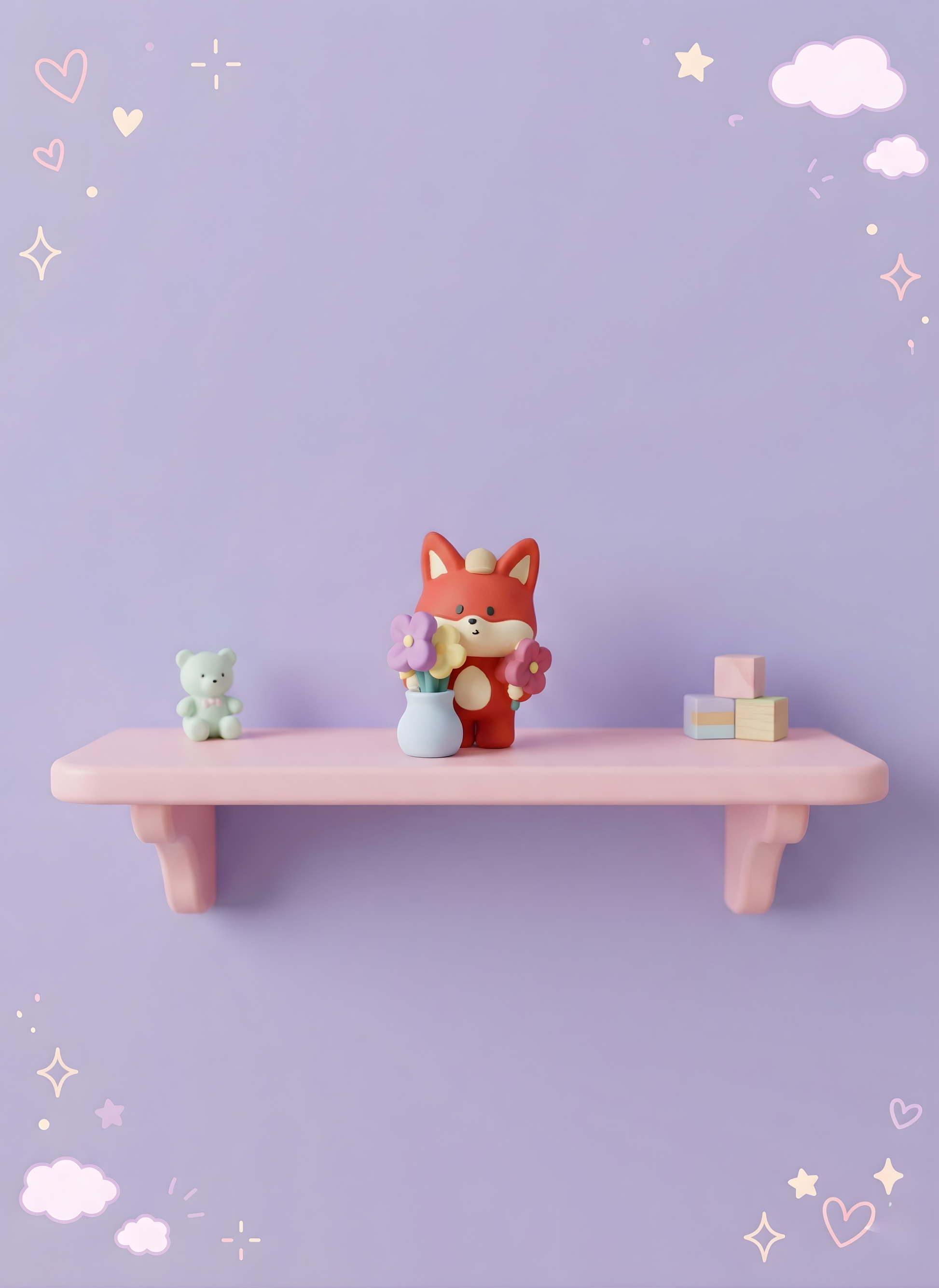 Small pink shelf with a fox figurine, teddy bear, and flowers against a purple background with decorative elements.
