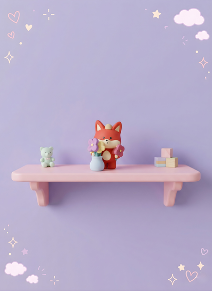 Small pink shelf with a fox figurine, teddy bear, and flowers against a purple background with decorative elements.