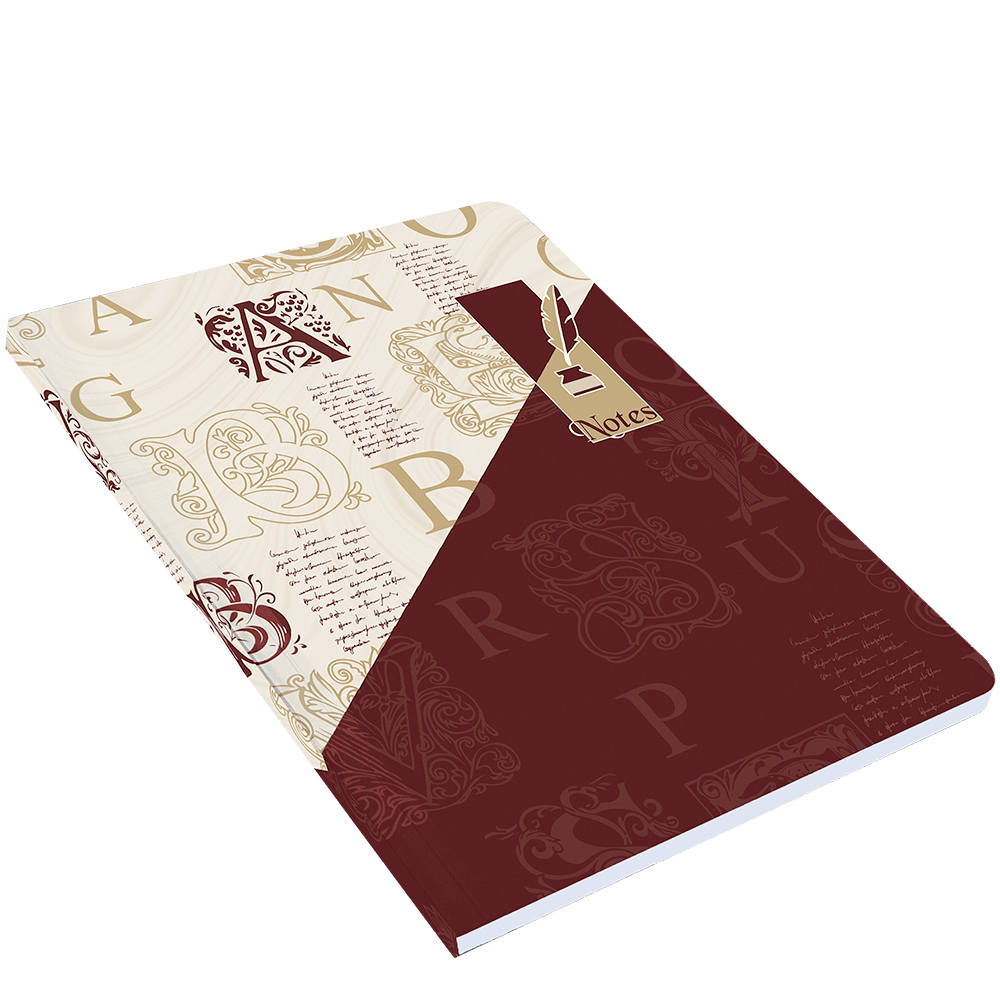 Notebook with decorative cover and text on a white background