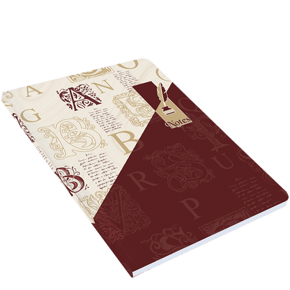 Notebook with decorative cover and text on a white background