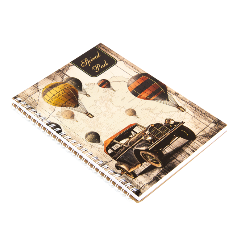 Notebook with vintage car and hot air balloon design on a white background
