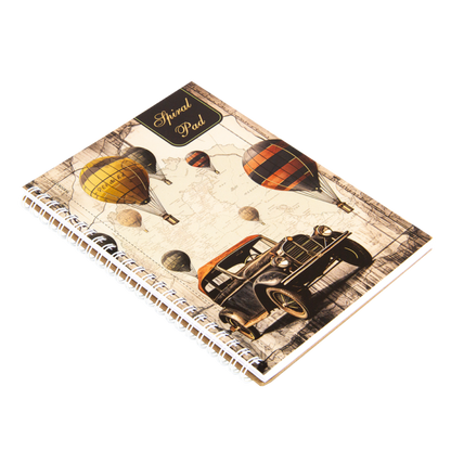 Notebook with vintage car and hot air balloon design on a white background