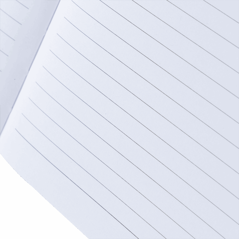 Close-up of a white notebook with horizontal lines on a light gray background