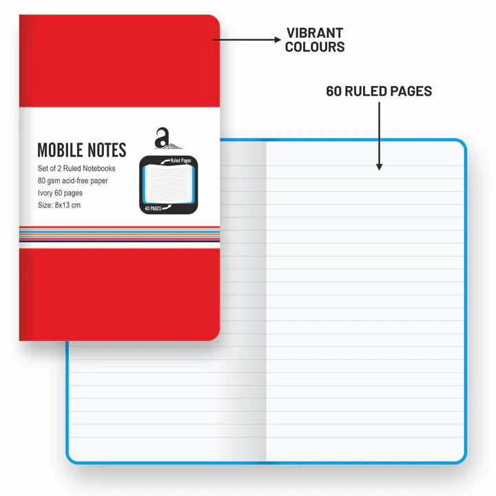 Red notebook with a section of ruled pages displayed, labeled 'Vibrant Colours' and '60 Ruled Pages'.
