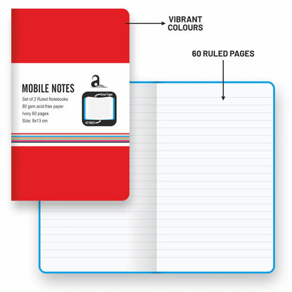 Red notebook with a section of ruled pages displayed, labeled 'Vibrant Colours' and '60 Ruled Pages'.