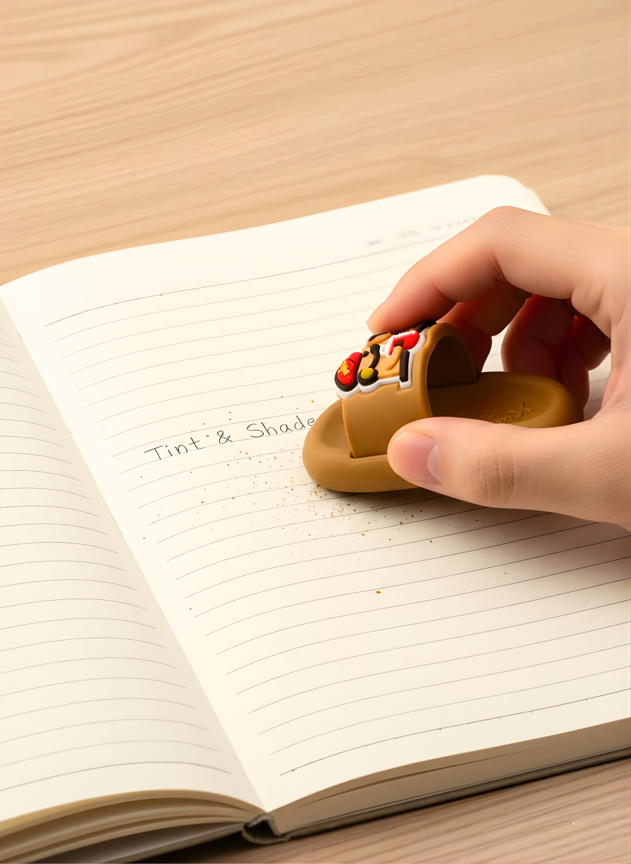 Hand holding a small brown cookie-shaped object over an open notebook on a wooden surface.