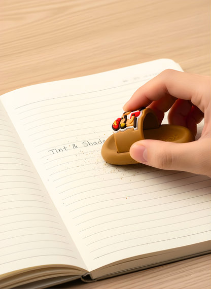 Hand holding a small brown cookie-shaped object over an open notebook on a wooden surface.