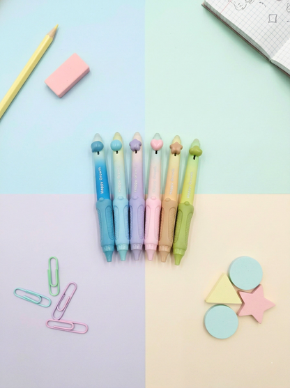 Colorful stationery items including pens, paper clips, and geometric shapes on a pastel gradient background.