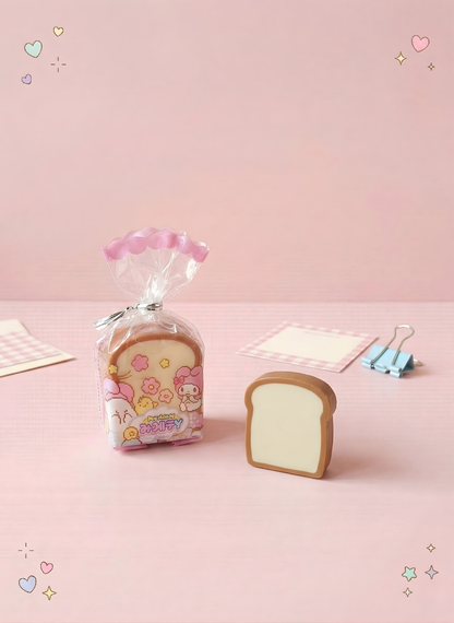 Cartoon-themed bread package and toast model on a pink background