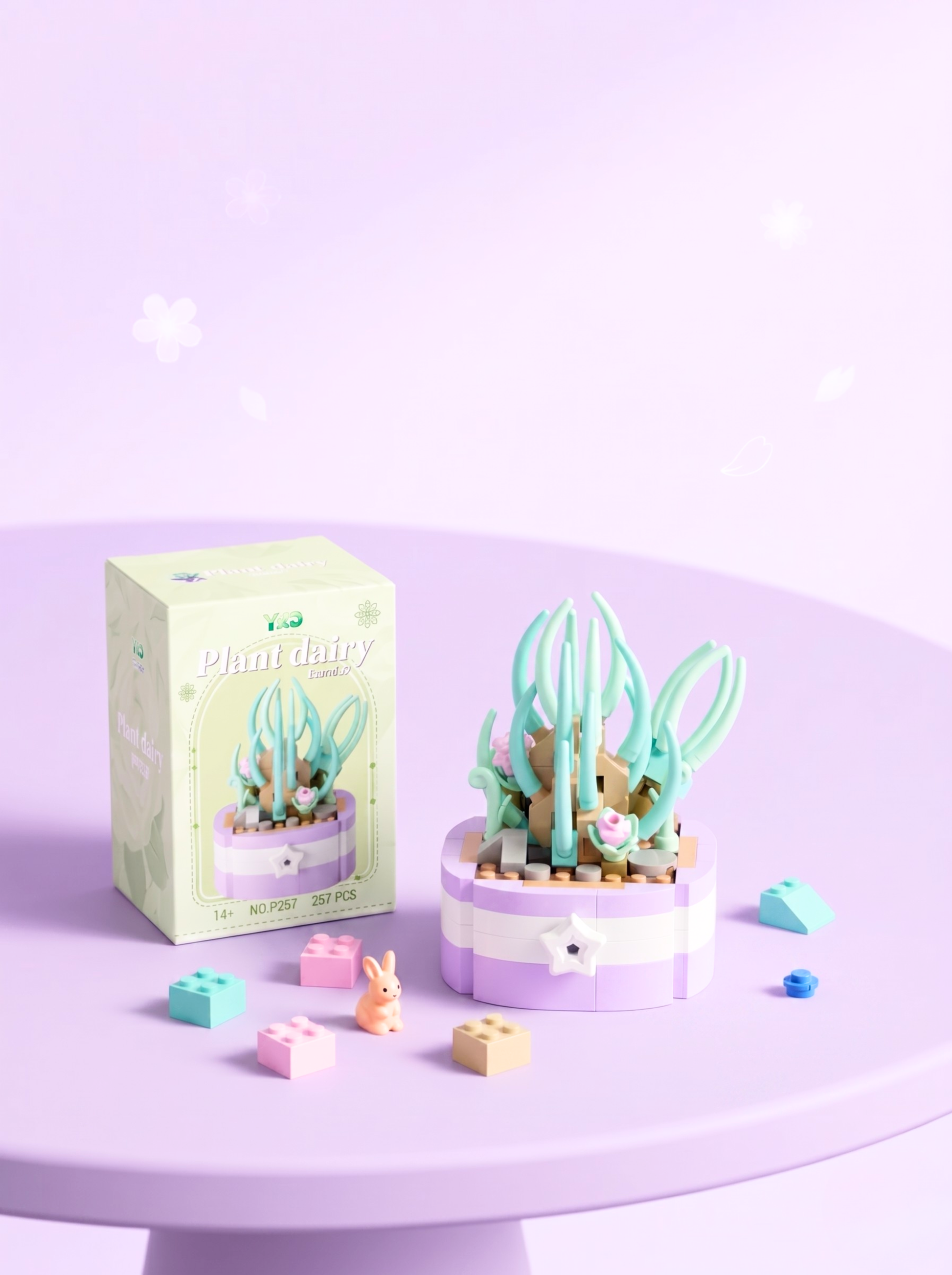 Decorative cactus set with packaging on a purple surface