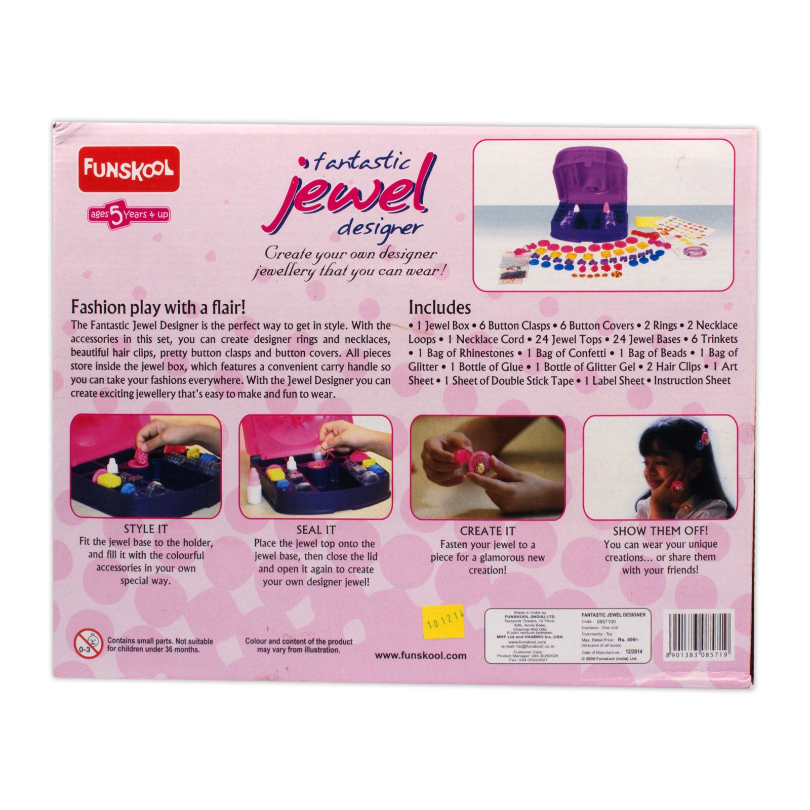 Funsckool Fantastic Jewel Designer packaging with product details and images on a pink background