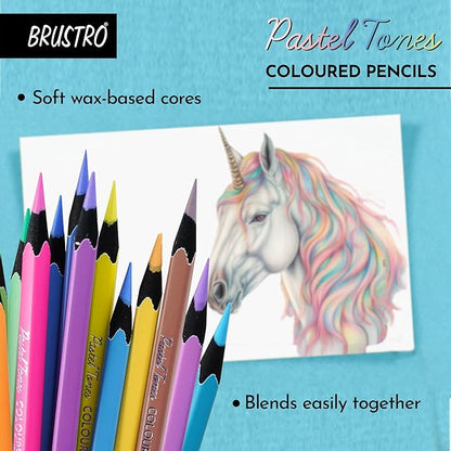 Brustro pastel tones colored pencils with a unicorn illustration on a blue background