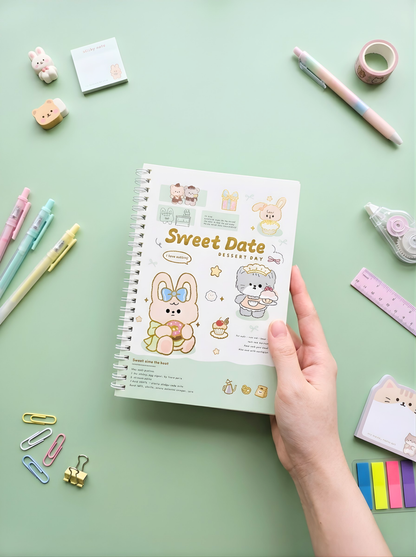 Notebook titled 'Sweet Date' held by a hand with stationery items on a green background